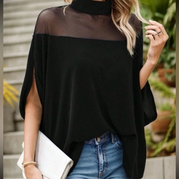 Tops - Chic Black Sheer Panel Flowy Blouse